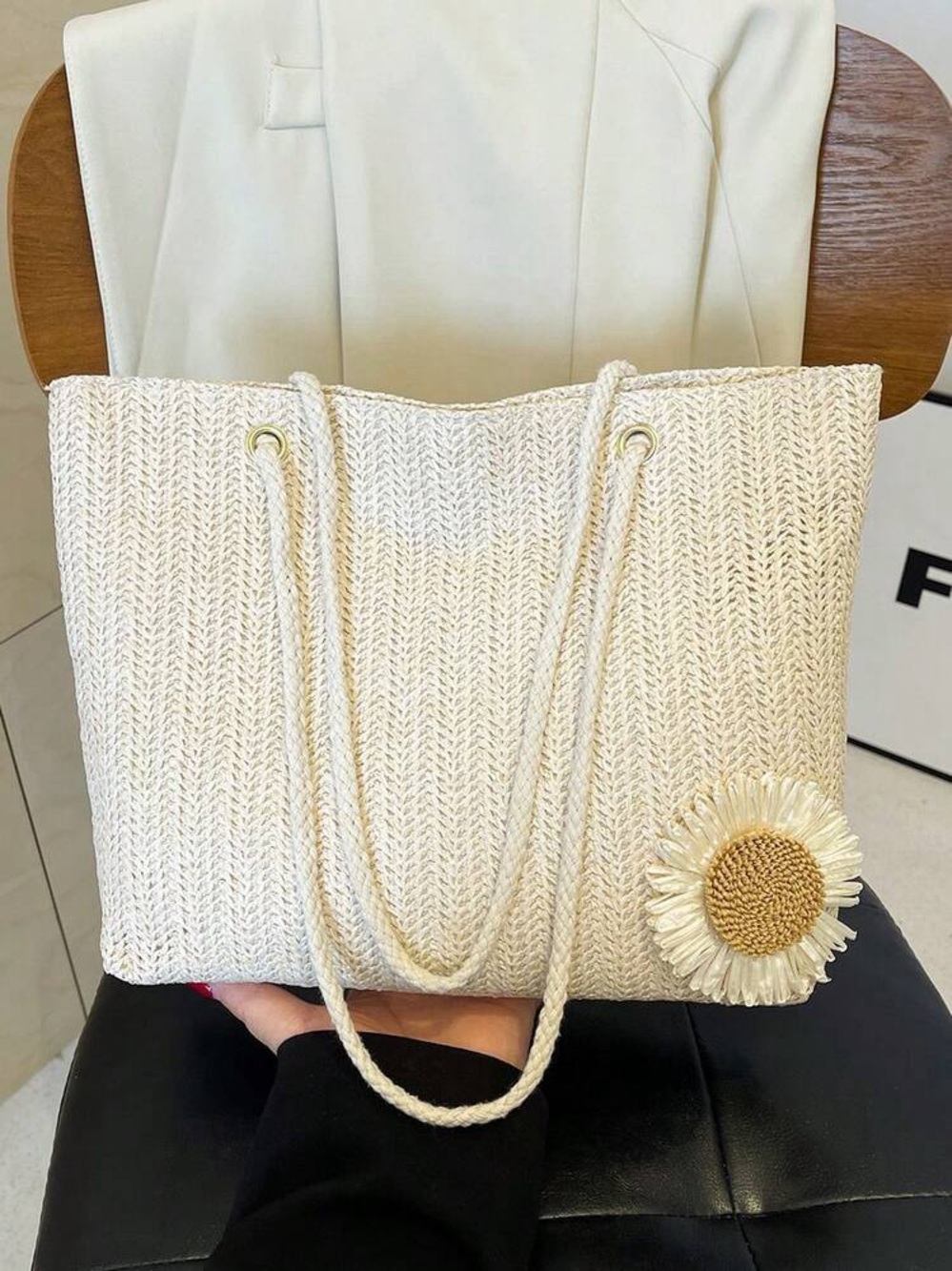 SHEIN Beige Woven Tote Bag with Floral Accent